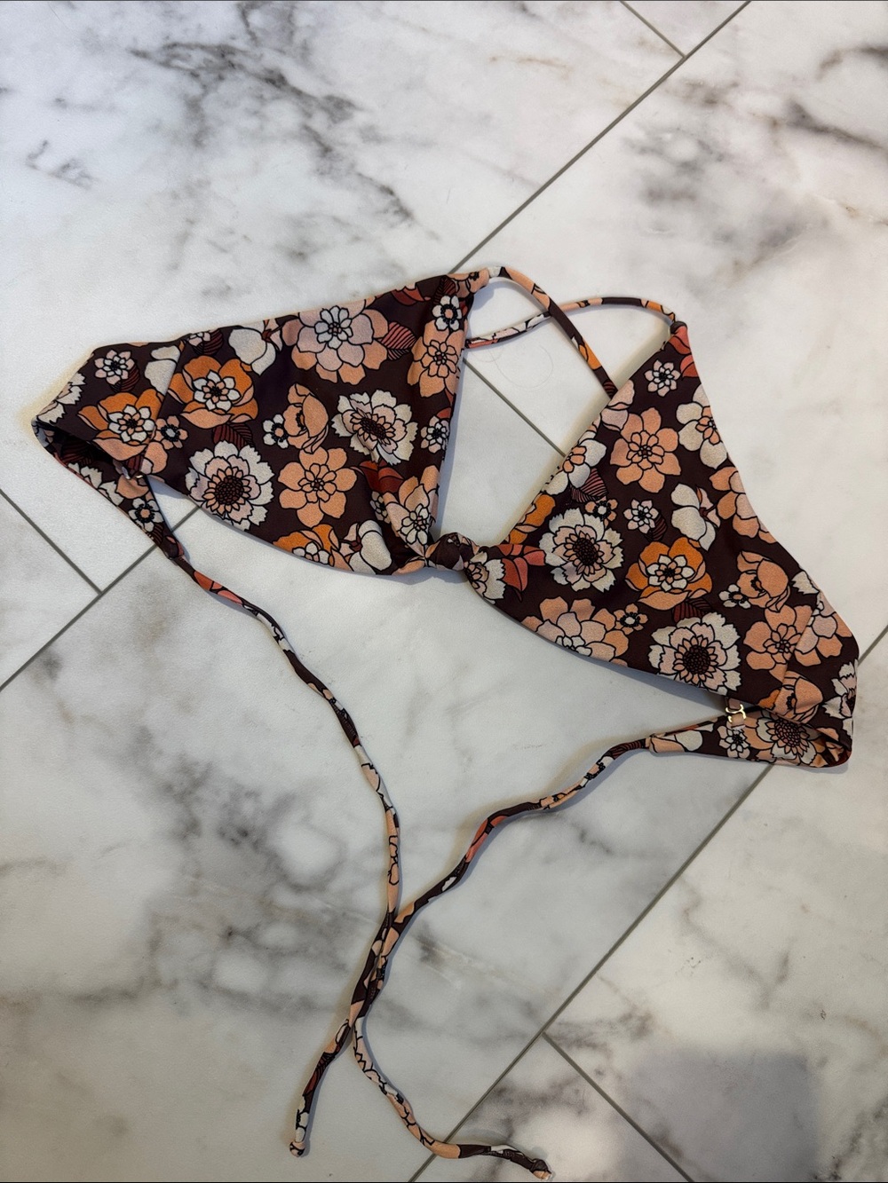 Skatie Sarah Floral Triangle Bikini Top in Brown & Peach